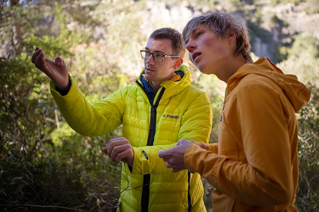 Will Bois discussing sequences with Alex Megos. Photo: Jake Thompson: Band of Birds